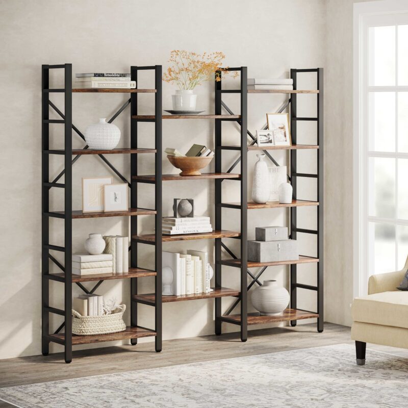 Bookshelf,  Industrial Triple Wide 14 Shelves Etagere Bookcase