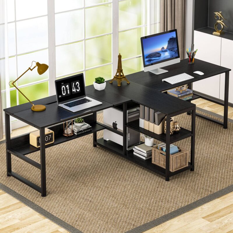 Two Person Desk, 94.5"Computer Desk with Shelves and Tiltable Tabletop - Image 9