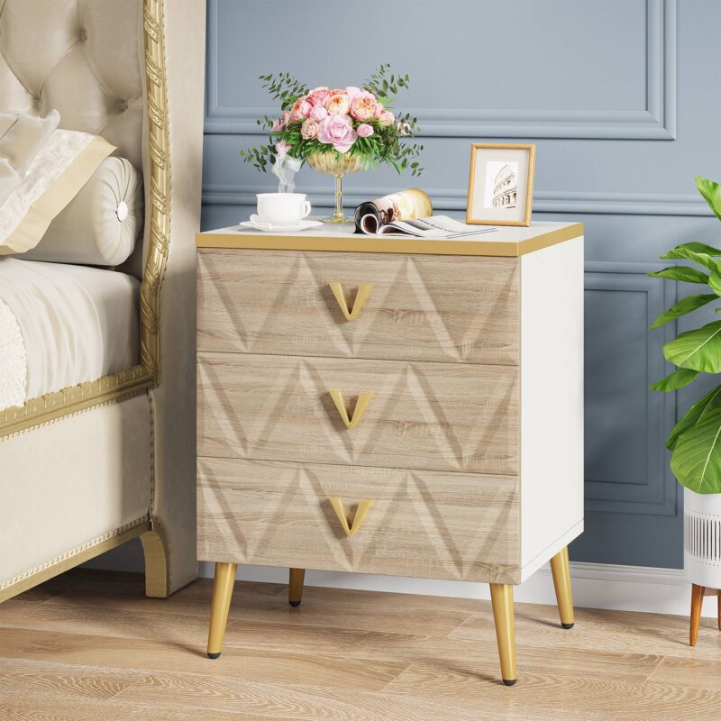 Nightstand, Modern Wooden Bedside Table with Three Drawers - Image 8