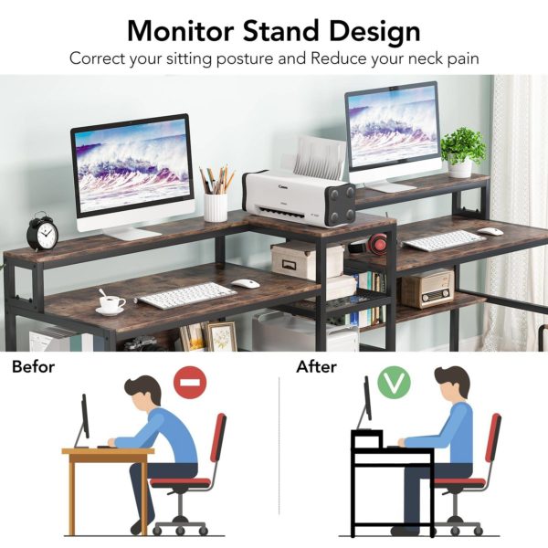 Two Person Desk, 94.5" Computer Desk with Monitor Riser - Image 5