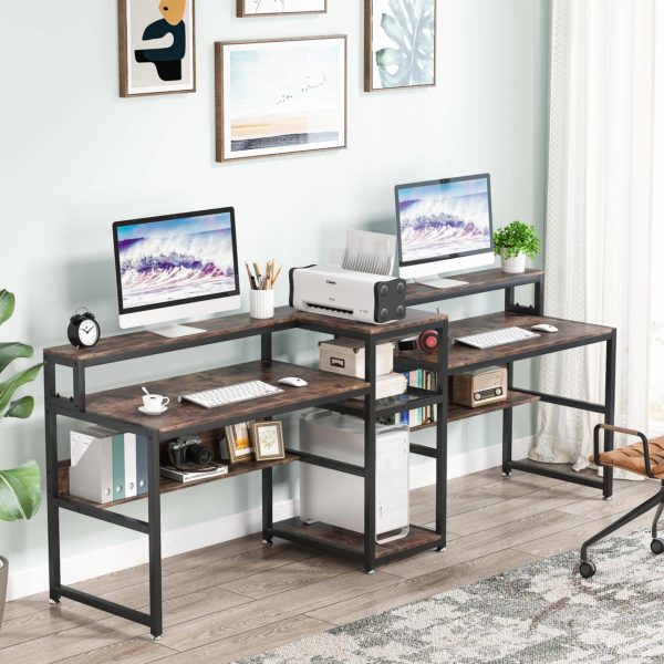 Two Person Desk, 94.5" Computer Desk with Monitor Riser