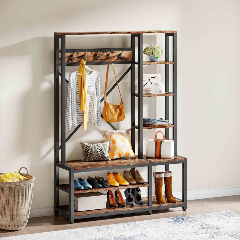 Coat Rack Shoe Bench, 4-in-1 Entryway Hall Tree with Shelves