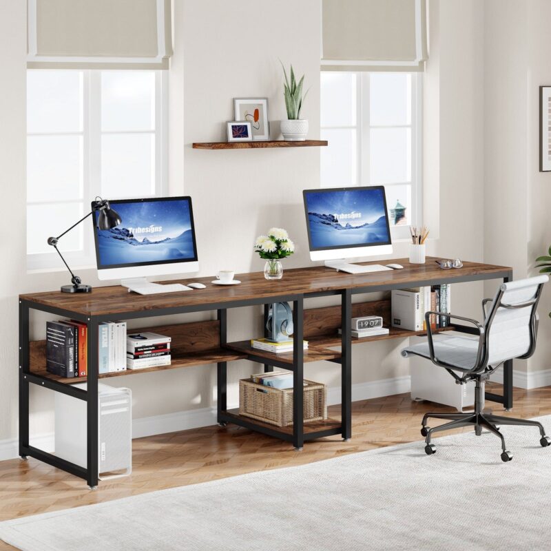 Two Person Desk, 78.7 Computer Double Desk with Bookshelf