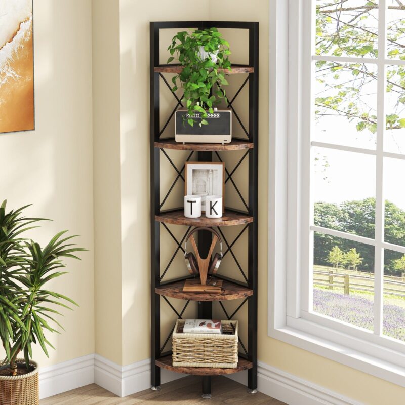 5 Tiers Corner Shelf, 63" Tall Corner Bookshelf & Bookcase