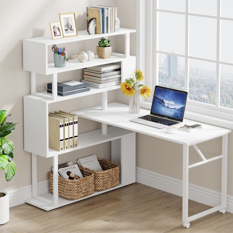 Rotating Desk, Reversible Computer Desk with 5 Shelves