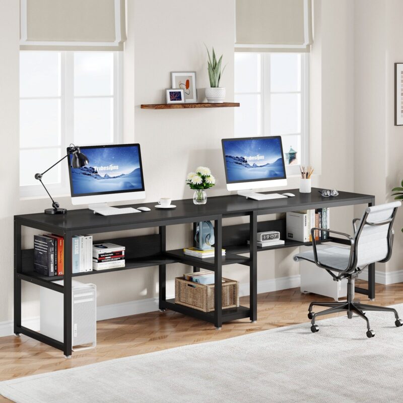 Two Person Desk, 78.7 Computer Double Desk with Bookshelf - Image 7