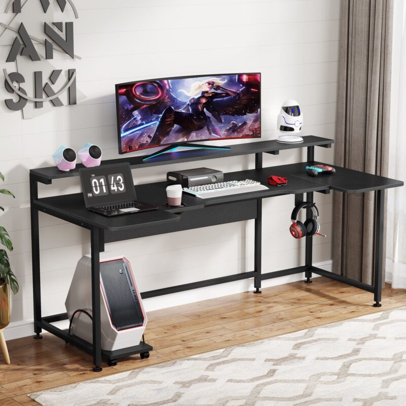 Gaming Desk, 74.8 Inches U Shaped Computer Desk with Hutch