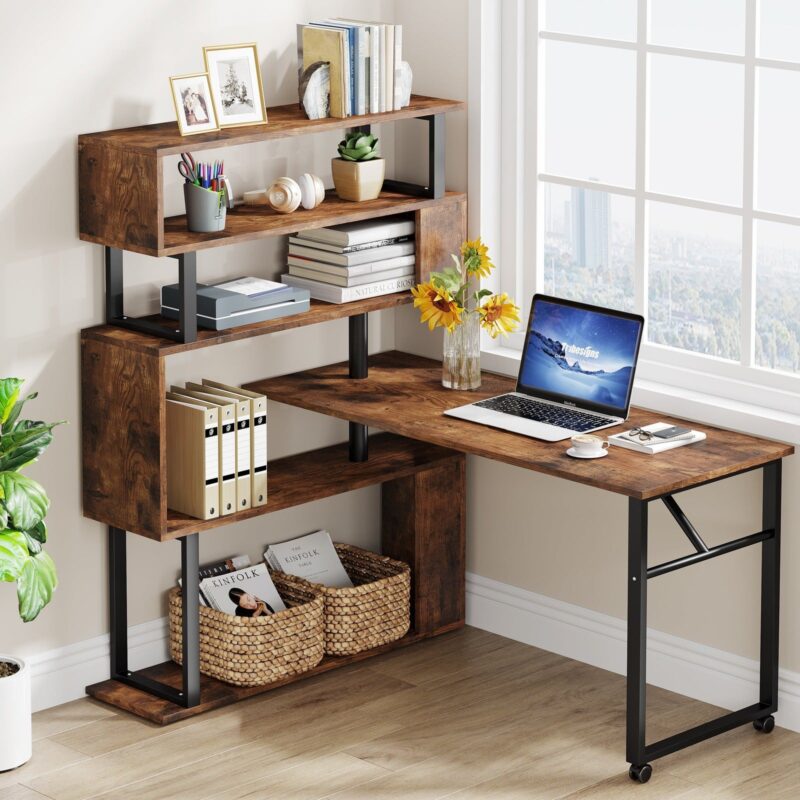 Rotating Desk, Reversible Computer Desk with 5 Shelves - Image 10