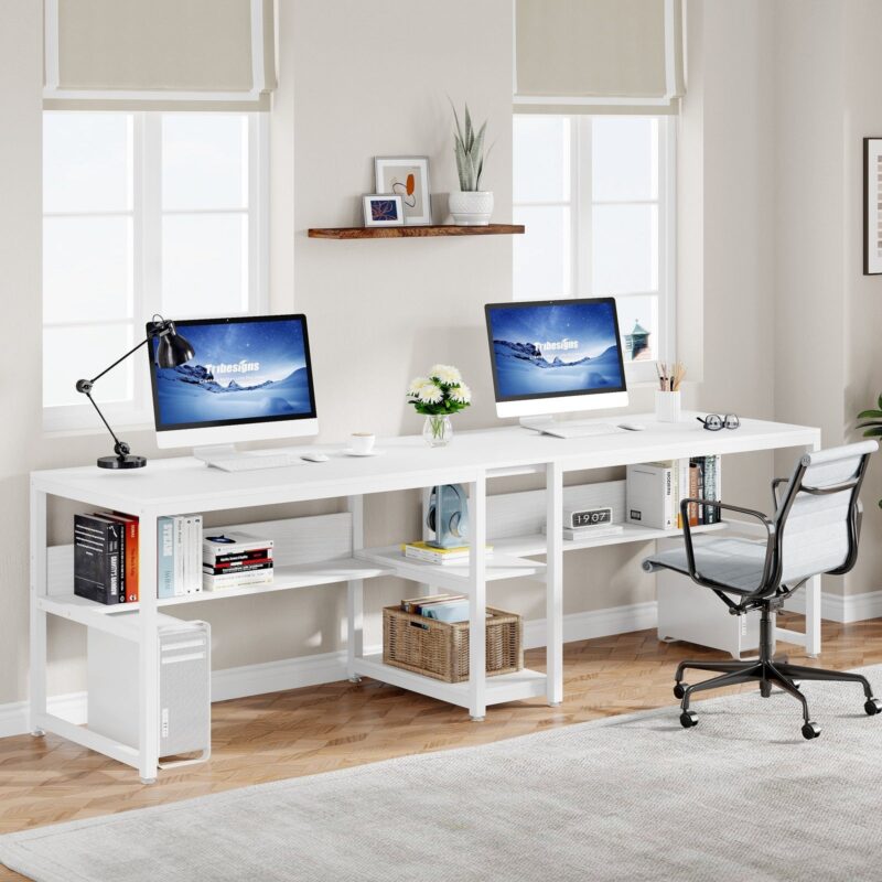 Two Person Desk, 78.7 Computer Double Desk with Bookshelf - Image 9