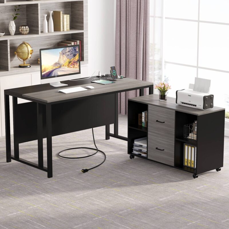 L-Shaped Desk, 55" Office Desk with 40" Mobile File Cabinet - Image 8