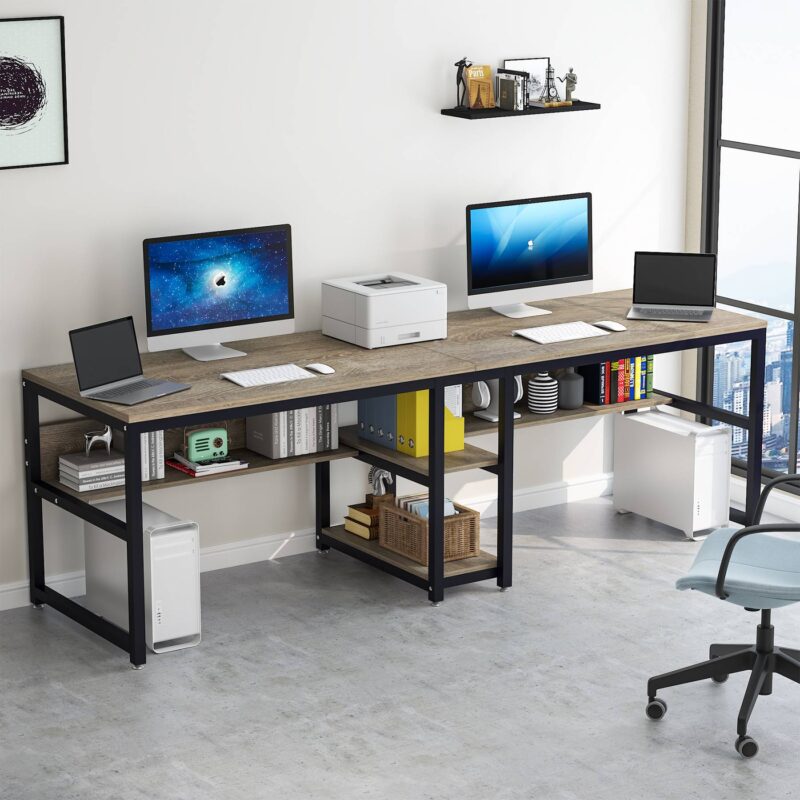 Two Person Desk, 78.7 Computer Double Desk with Bookshelf - Image 11