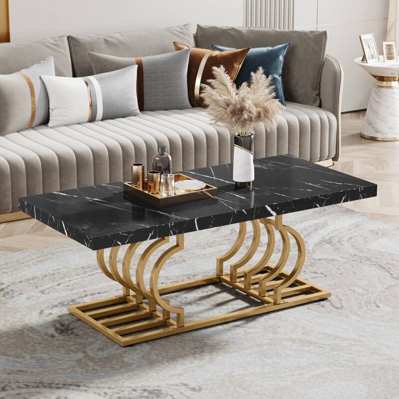 Coffee Table, 47" Faux Marble Cocktail Table with Geometric Frame - Image 8