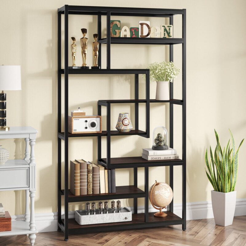 8-Shelves Staggered Bookshelf,  Industrial Etagere Bookcase - Image 3