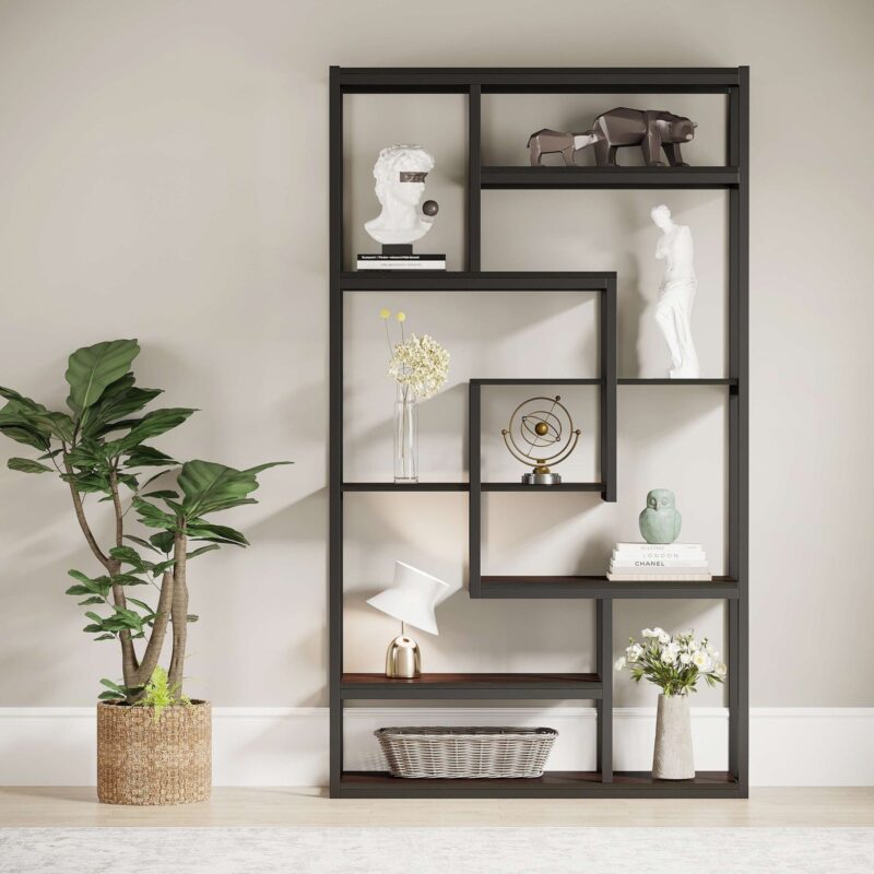 8-Shelves Staggered Bookshelf,  Industrial Etagere Bookcase