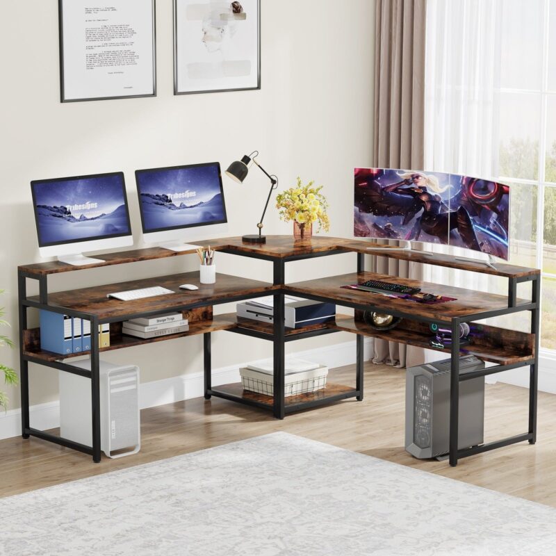 L-Shaped Desk, Corner Computer Desk with Monitor Riser