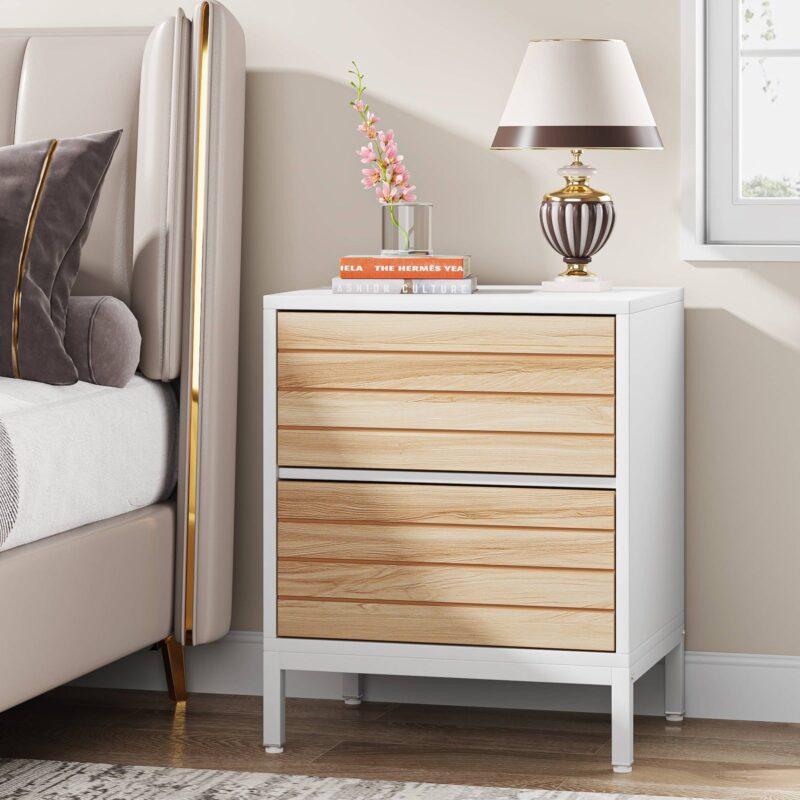 Nightstand, Wood End Table Bedside Table with 2-Drawer