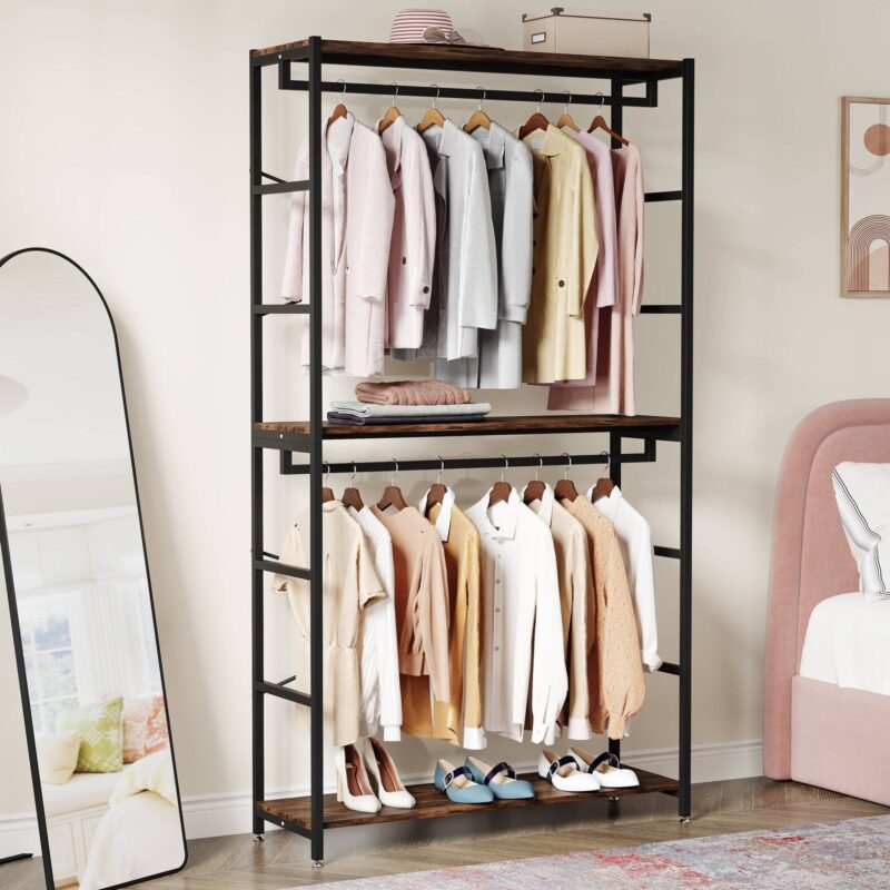 Freestanding Closet Organizer, 86" Garment Rack with Shelves & Hanging Rods