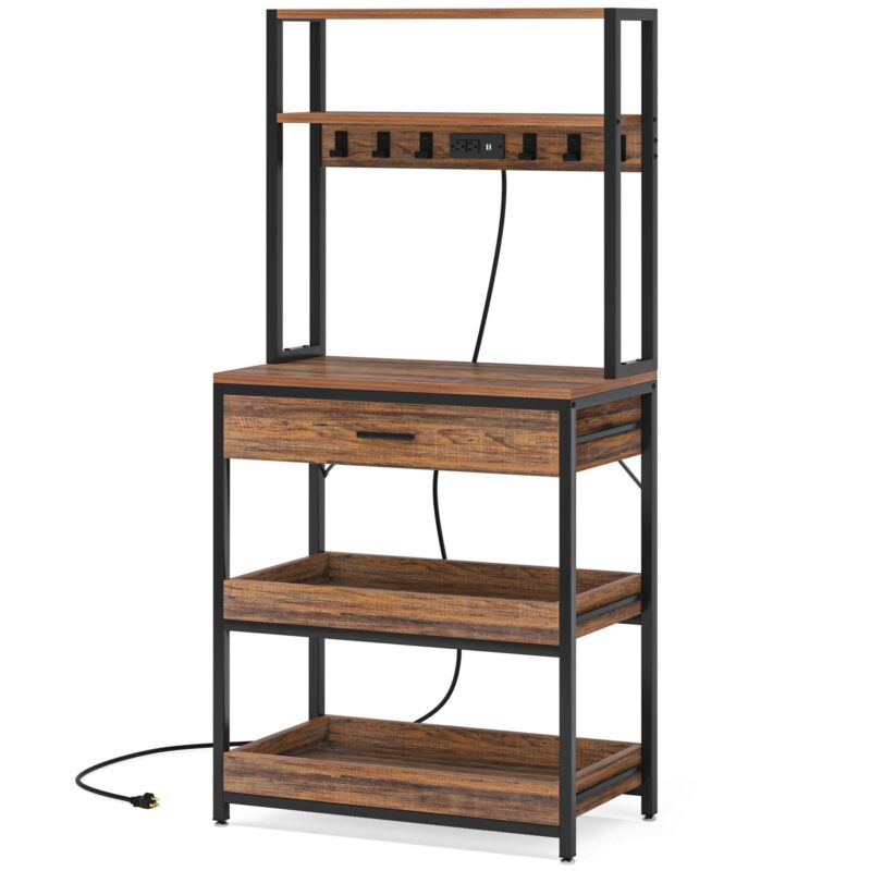 5-Tier Kitchen Baker's Rack with Power Outlets, Drawer & Sliding Shelves - Image 2