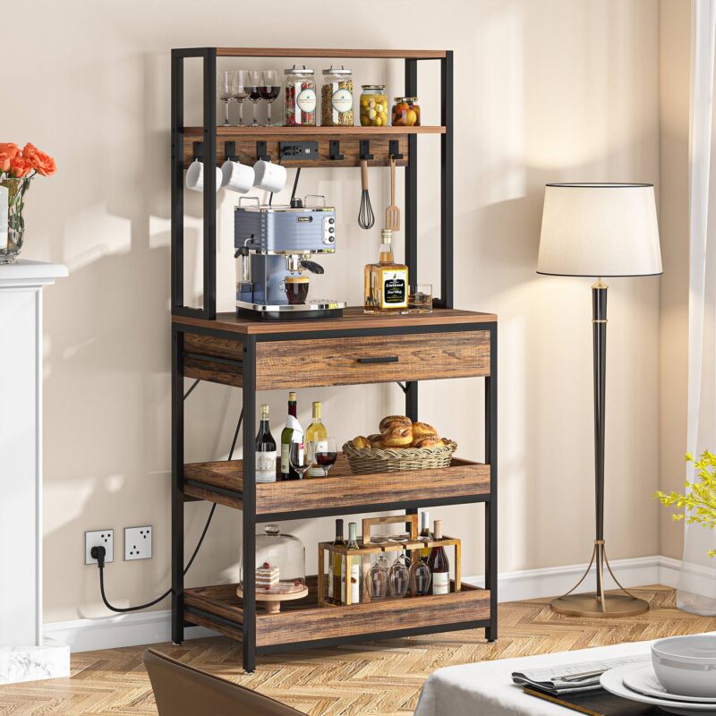 5-Tier Kitchen Baker's Rack with Power Outlets, Drawer & Sliding Shelves - Image 3