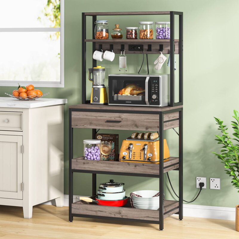 5-Tier Kitchen Baker's Rack with Power Outlets, Drawer & Sliding Shelves - Image 8