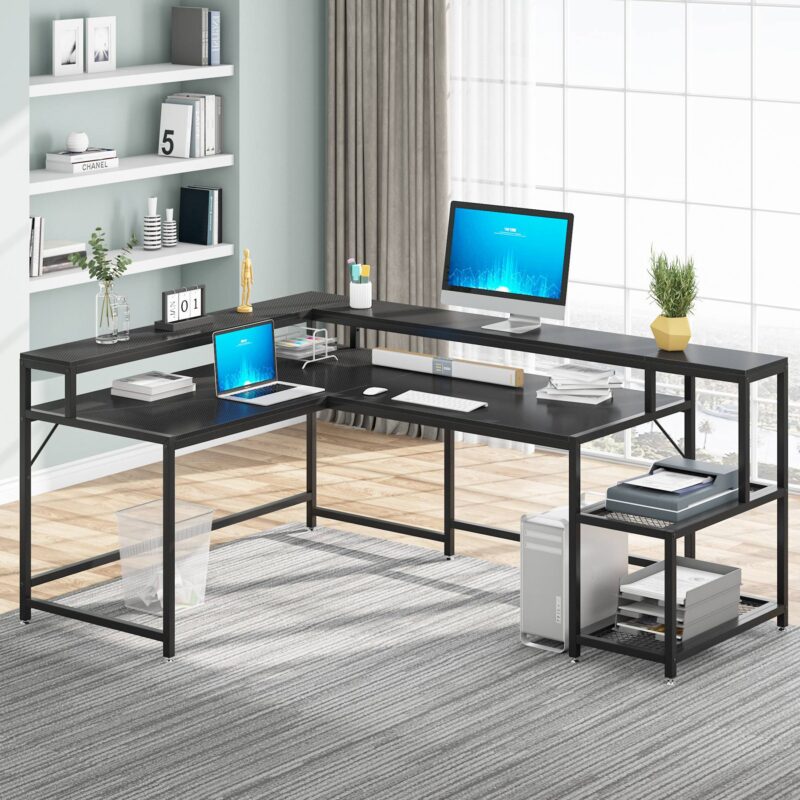 L-Shaped Desk, 69" Reversible Corner Desk with Monitor Stand & Storage Shelf - Image 10