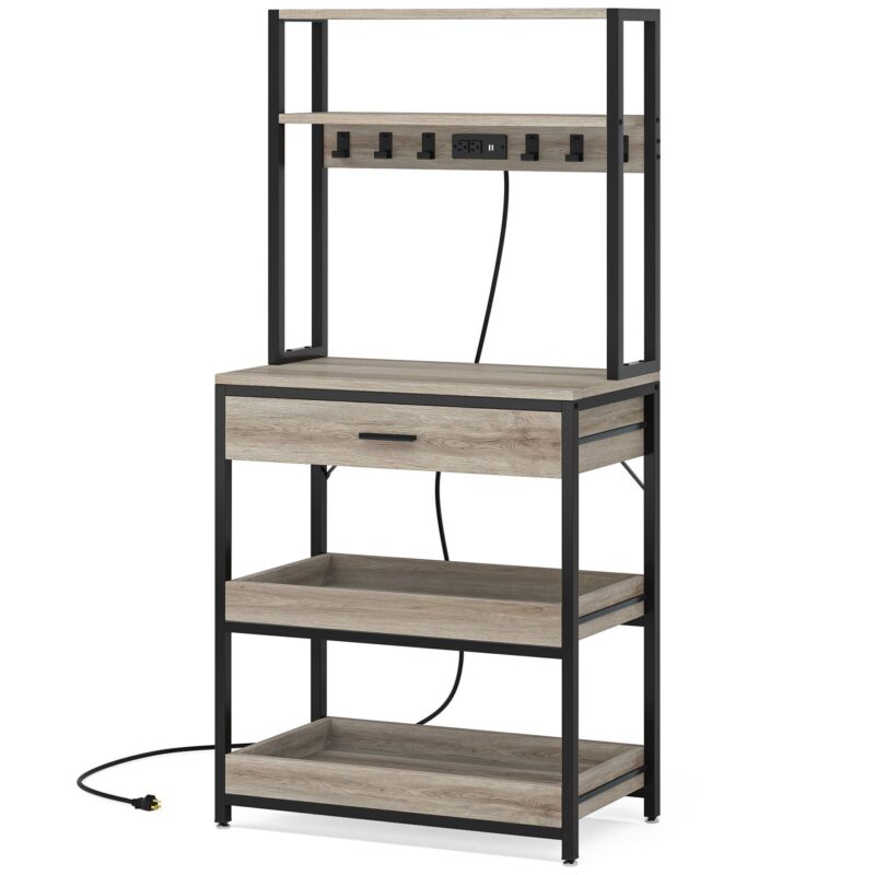 5-Tier Kitchen Baker's Rack with Power Outlets, Drawer & Sliding Shelves - Image 11