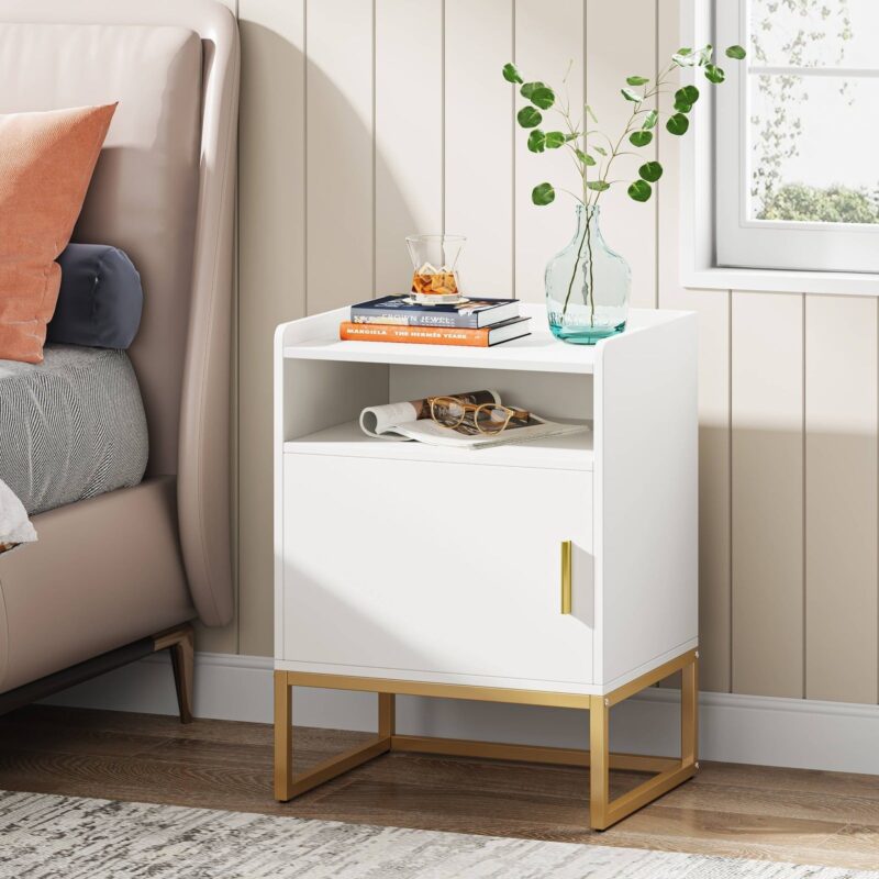 Nightstand, Modern Bedside Table with Cabinet and Storage Shelf - Image 2