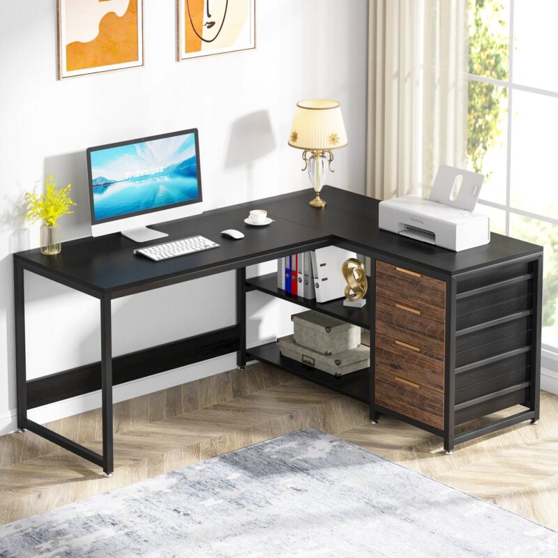 L-Shaped Desk, 59" Reversible Corner Desk with Drawers & Shelves