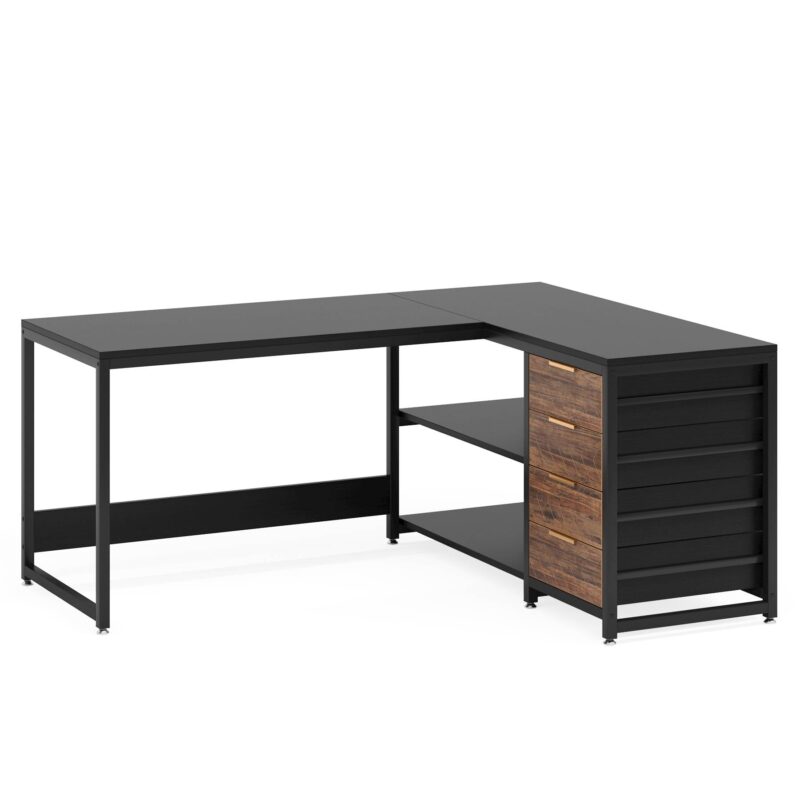 L-Shaped Desk, 59" Reversible Corner Desk with Drawers & Shelves - Image 2