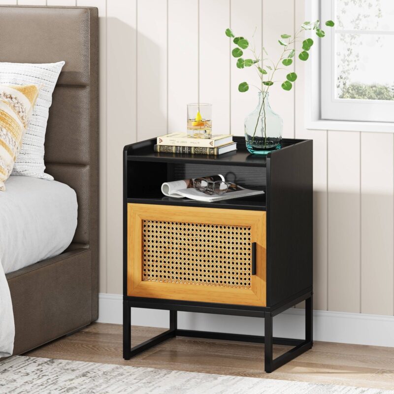 Nightstand, Modern Bedside Table with Cabinet and Storage Shelf