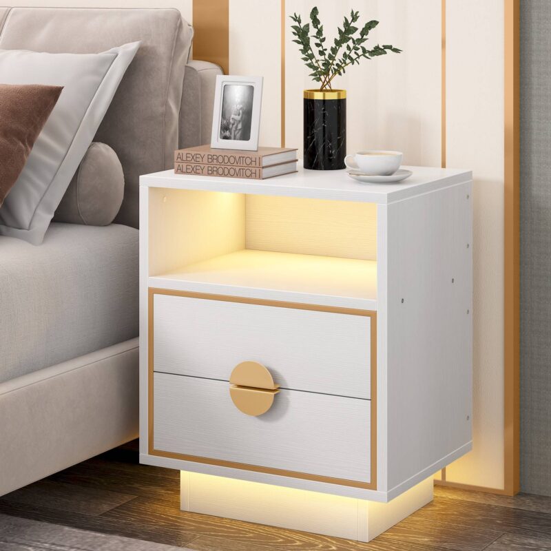 LED Nightstand, 2 Drawers Bedside End Table with Led Lights - Image 9