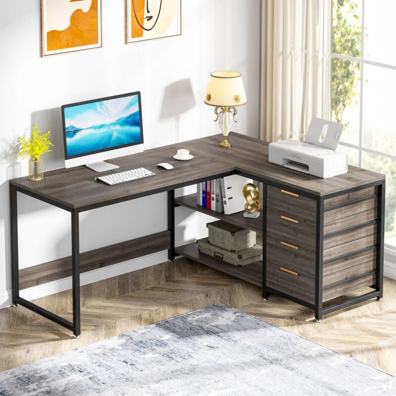 L-Shaped Desk, 59" Reversible Corner Desk with Drawers & Shelves - Image 7