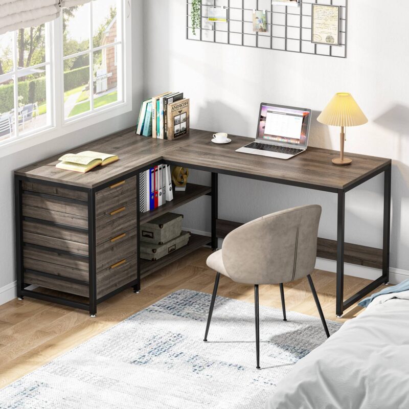 L-Shaped Desk, 59" Reversible Corner Desk with Drawers & Shelves - Image 9