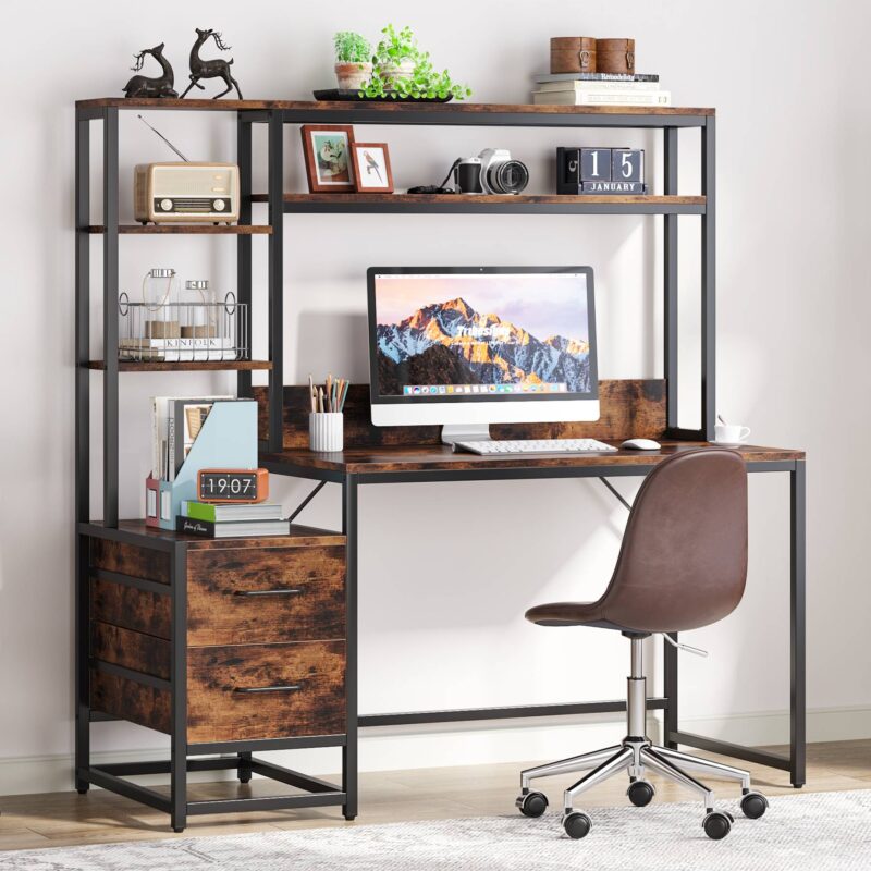 Computer Desk, 55" Writing Table with 2 Drawers and Storage Shelves