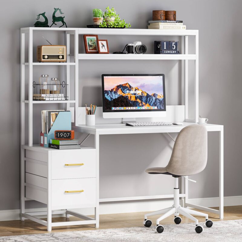 Computer Desk, 55" Writing Table with 2 Drawers and Storage Shelves - Image 8