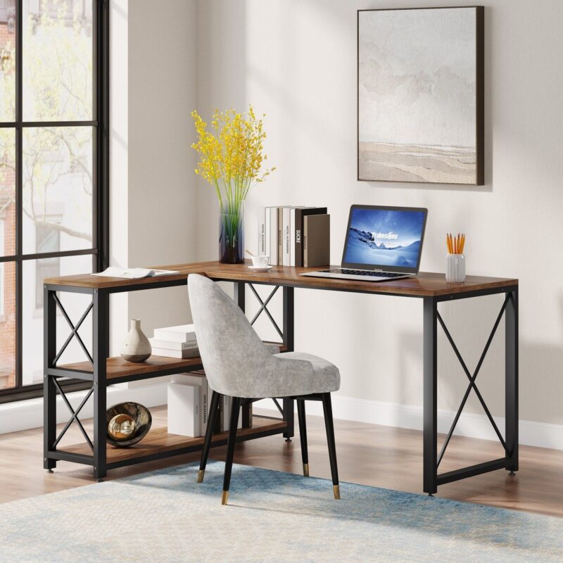 L-Shaped Desk, Reversible Corner Computer Desk with Shelves - Image 2