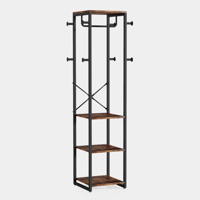 Coat Rack, Freestanding Corner Hall Tree with 4 Shelves 8 Hooks - Image 2