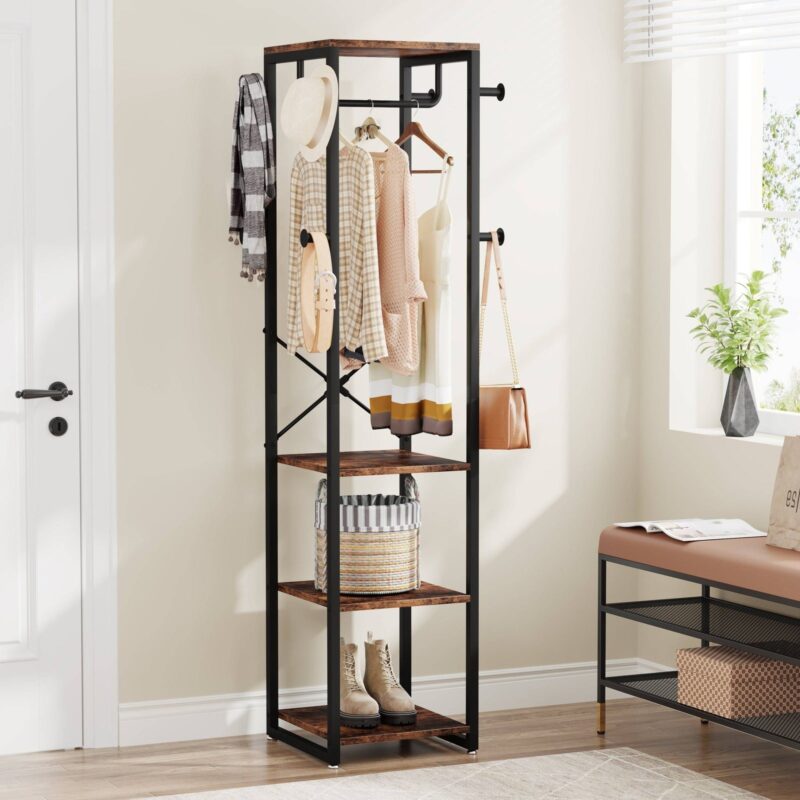 Coat Rack, Freestanding Corner Hall Tree with 4 Shelves 8 Hooks