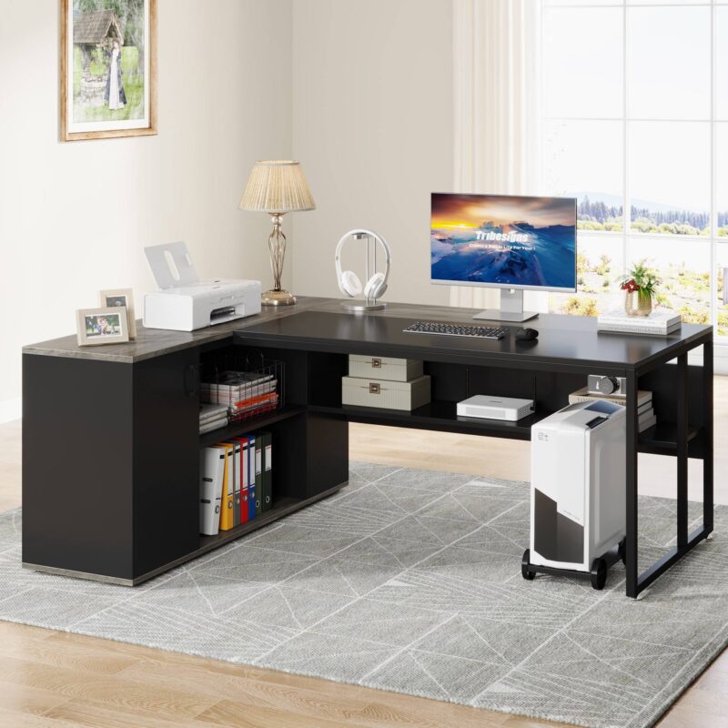 L-Shaped Desk, 71 inch Executive Desk with Shelves & Cabinet - Image 7