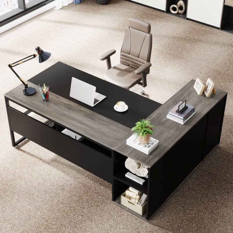 L-Shaped Desk, 71 inch Executive Desk with Shelves & Cabinet - Image 9