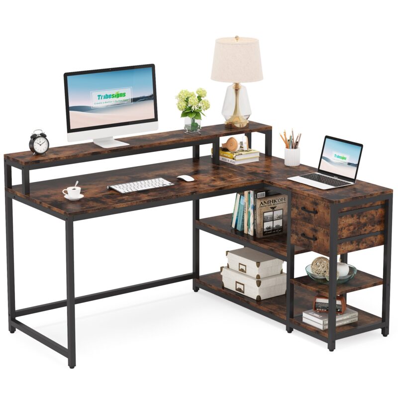 L-Shaped Desk, Industrial Corner Desk with Drawer & Storage Shelves