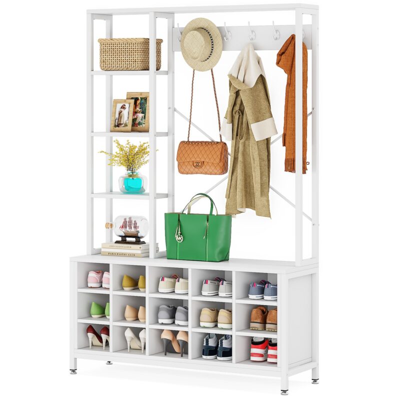 Coat Rack Shoe Bench, Entryway Hall Tree with Storage Shelves - Image 7