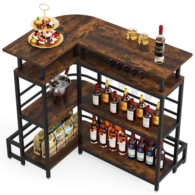 Bar Unit, L-Shaped Liquor Bar Table with 4 Tier Shelves & 4 Glass Holders