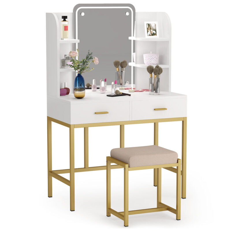 Vanity, Large Dressing Table Desk with Cushioned Stool - Image 2