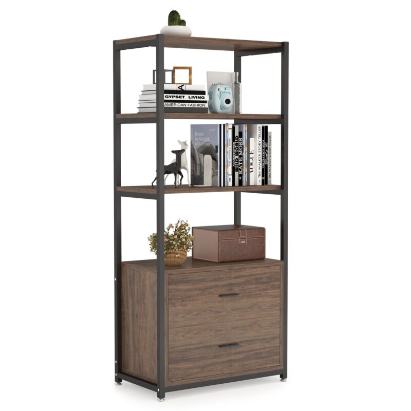 Bookshelf, 4 Tier Etagere Display Bookcase with 2 Drawers