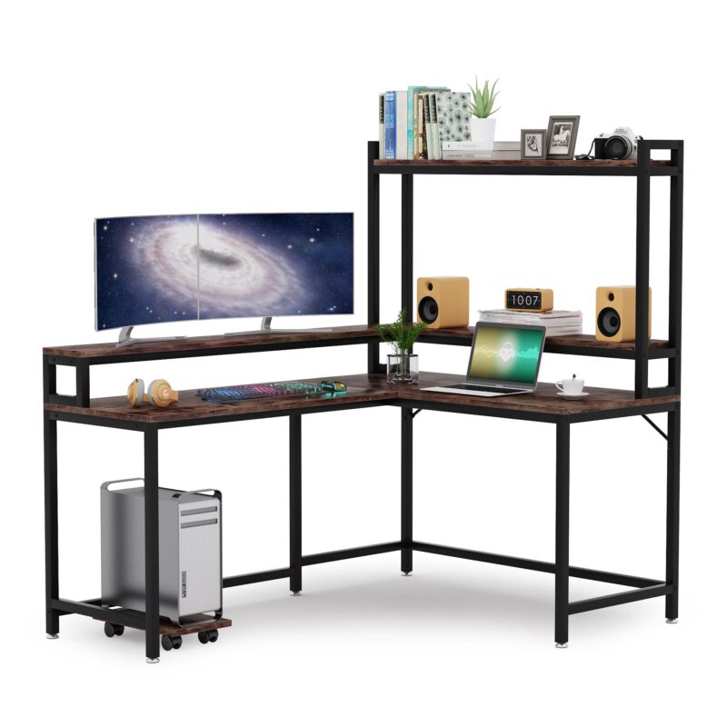 L-Shaped Desk, Corner Computer Desk with Hutch and Monitor Stand