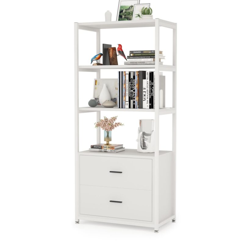 Bookshelf, 4 Tier Etagere Display Bookcase with 2 Drawers - Image 6