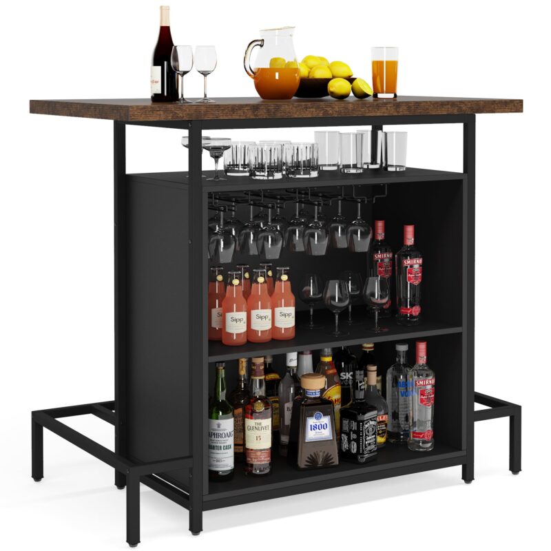 Home Bar Unit, Industrial 3-Tier Liquor Bar Table with Glasses Holder