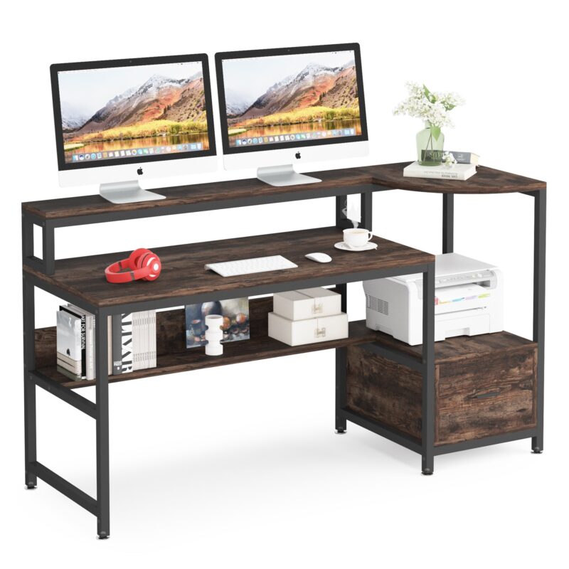 Computer Desk, 63” Writing Desk with Hutch and Shelves