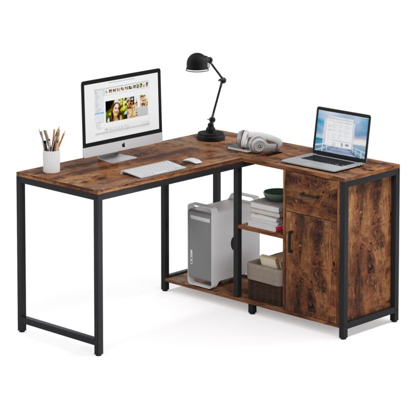 L Shaped Desk with Drawer Cabinet, 47 Inch Corner Desk